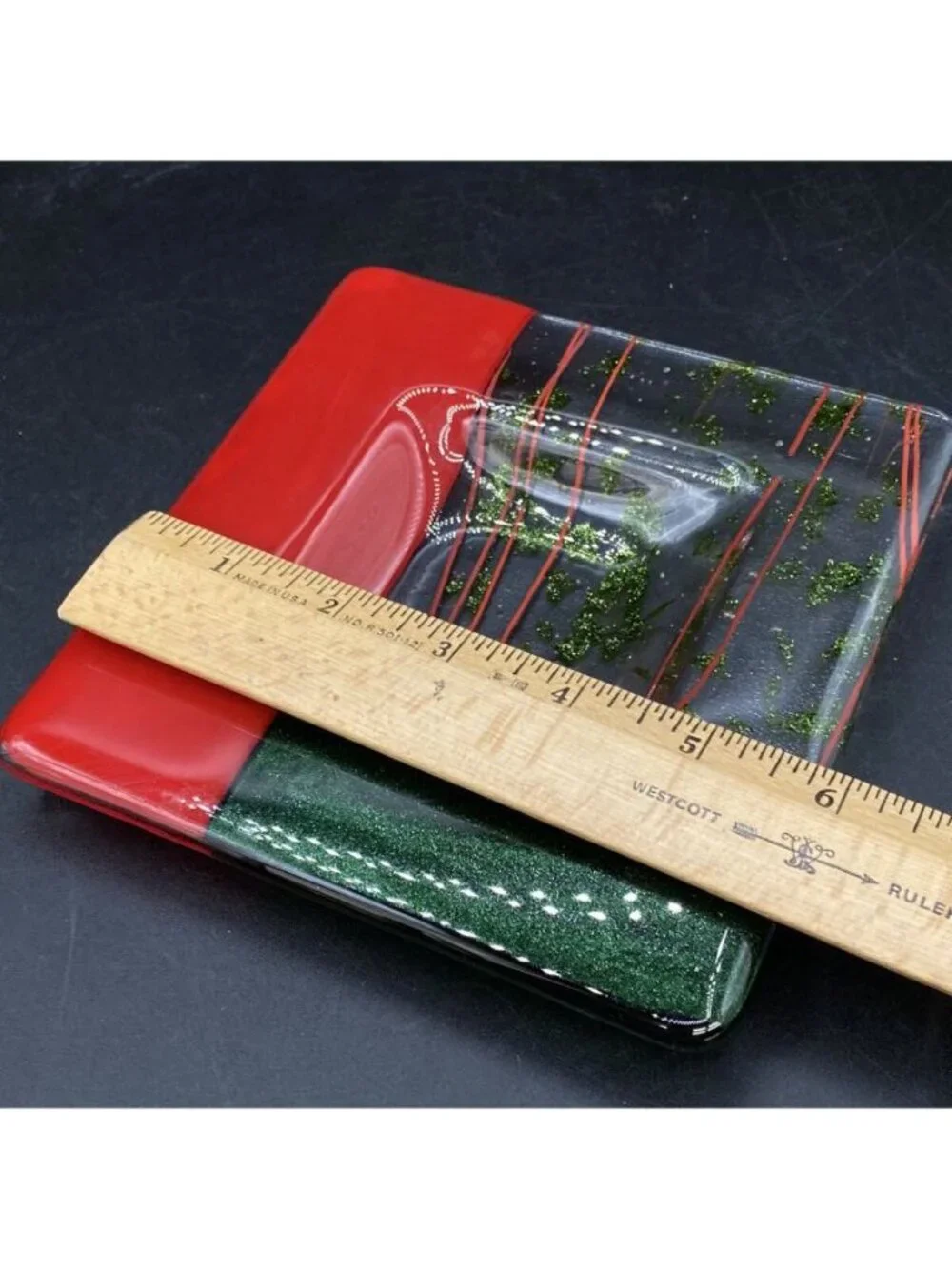 Fused Art Glass Trinket Dish Glitter Dichroic Green & Red 6” Square ￼